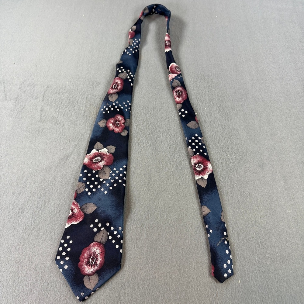 Don Loper Beverly Hills Mens Silk Tie Navy Blue Floral Polka Dot Italian Silk
